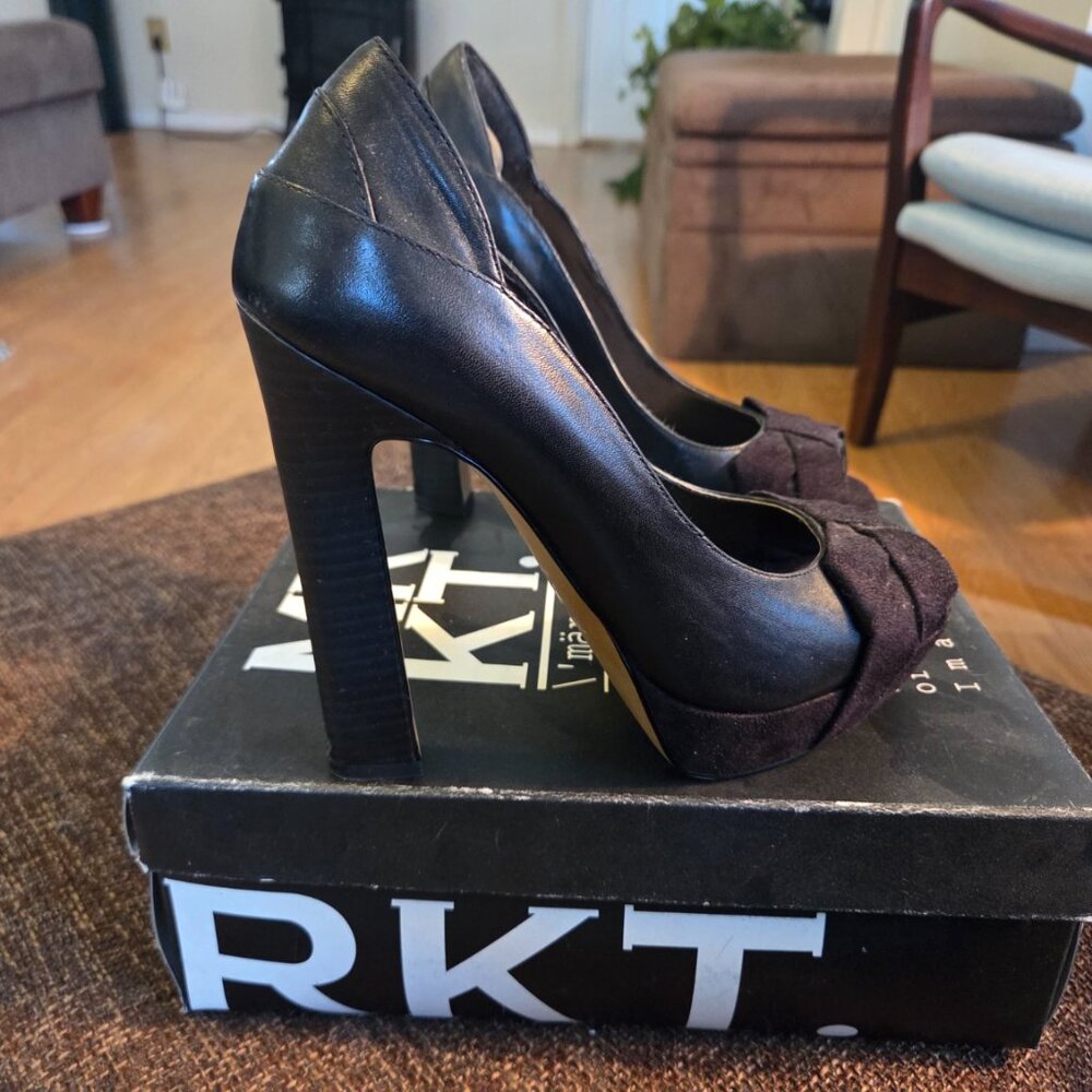 MRKT Andie Black Leather Peep-Toe Heels | Size 9 | Classic & Chic - Picture 2 of 5